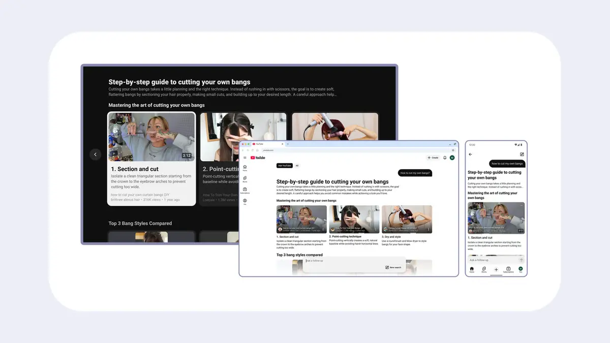 YouTube's illustration of Ask YouTube on a TV, a computer and a phone, each showing a step-by-step guide to cutting your own bangs with video clips.