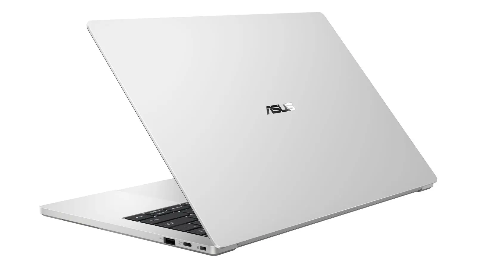A silver ASUS ExpertBook A7 14-inch laptop seen from behind and slightly above, open, with the ASUS logo on the lid, on a plain white background.