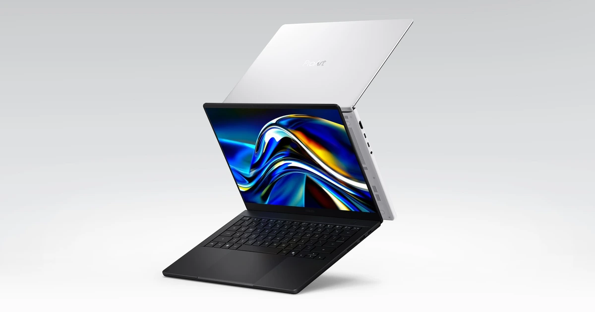 ASUS ProArt P14 and P16 laptops side by side in Nano Black and Neo White finishes, showing thin profiles and OLED displays