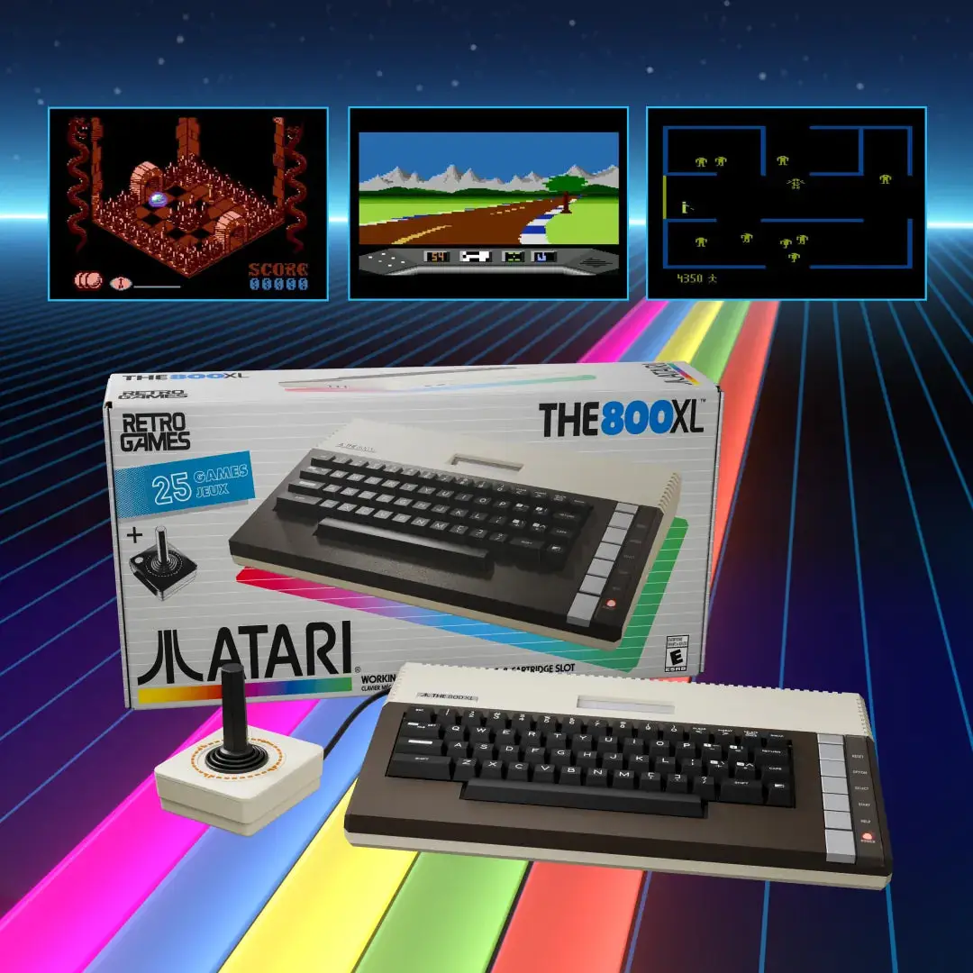 Atari's promotional image of THE 800XL with its retail box, keyboard unit, joystick and three game screens.