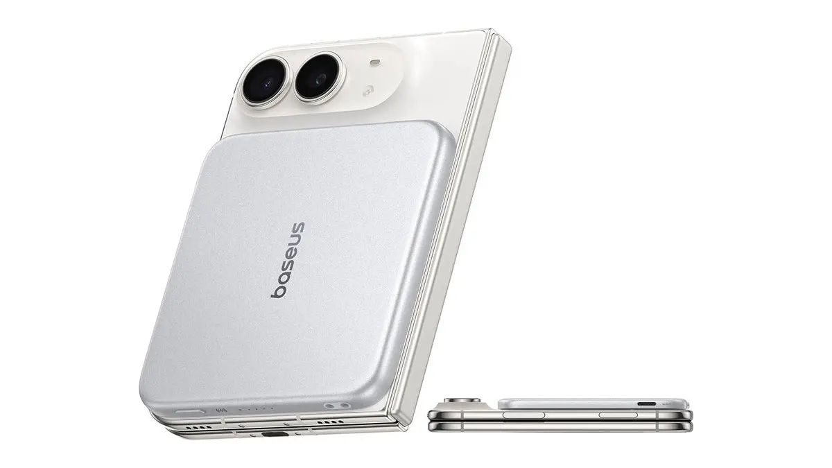 A white iPhone Duo seen from the back with a silver Baseus magnetic power bank attached below the camera, beside a side view of the folded phone with the bank on it.