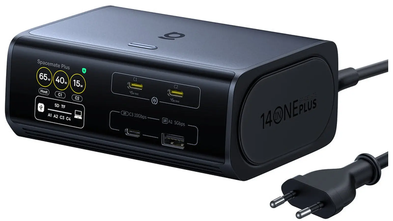 A black Baseus Spacemate RD1 Plus dock lying on its side, its front showing a status screen with 65W, 40W and 15W, two USB-C ports, a USB-C port and a USB-A port, with a power cable and plug at the right.