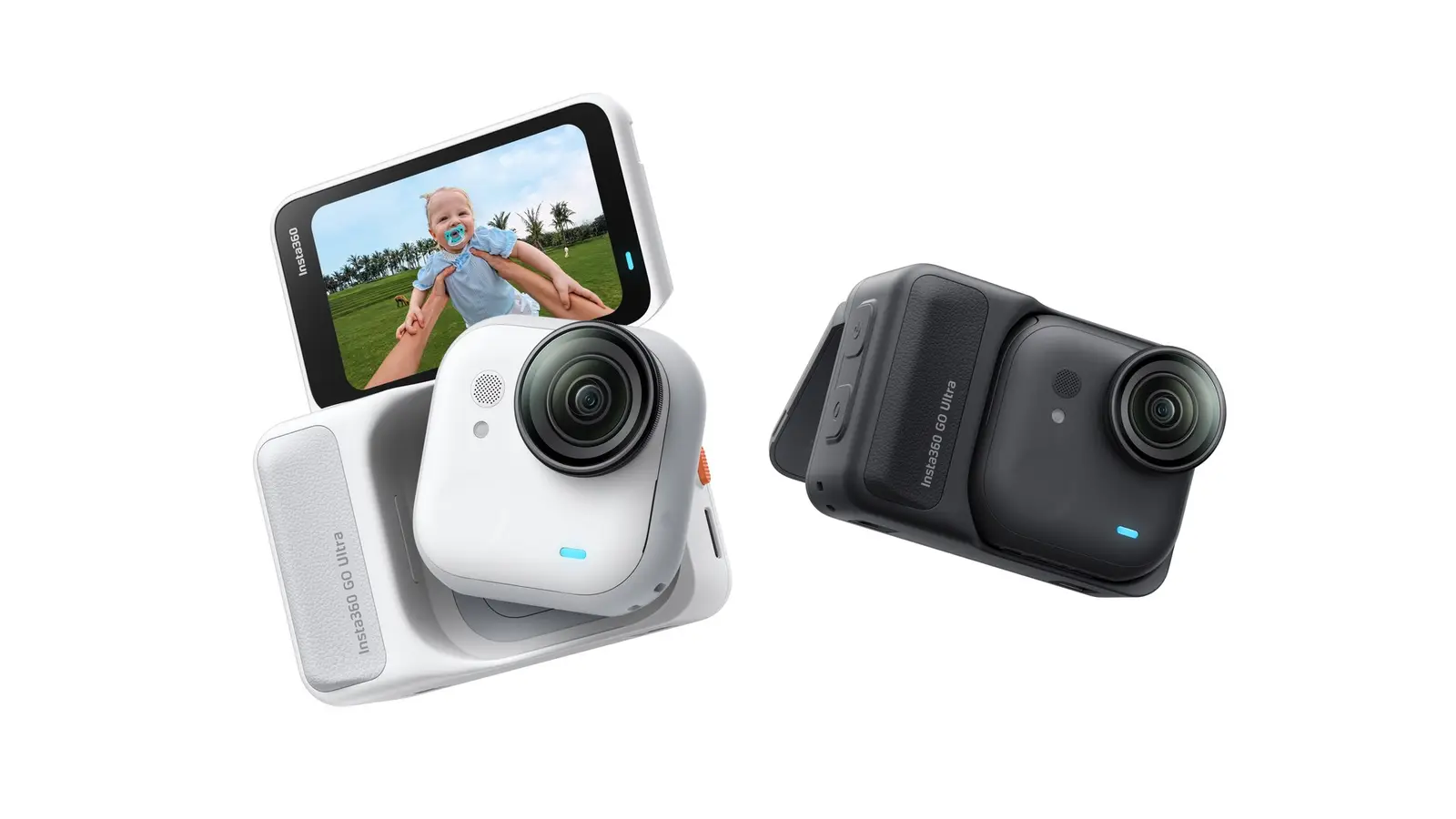 A white Insta360 GO Ultra camera on its Action Pod with the screen flipped up showing a baby, beside a black GO Ultra on its pod.