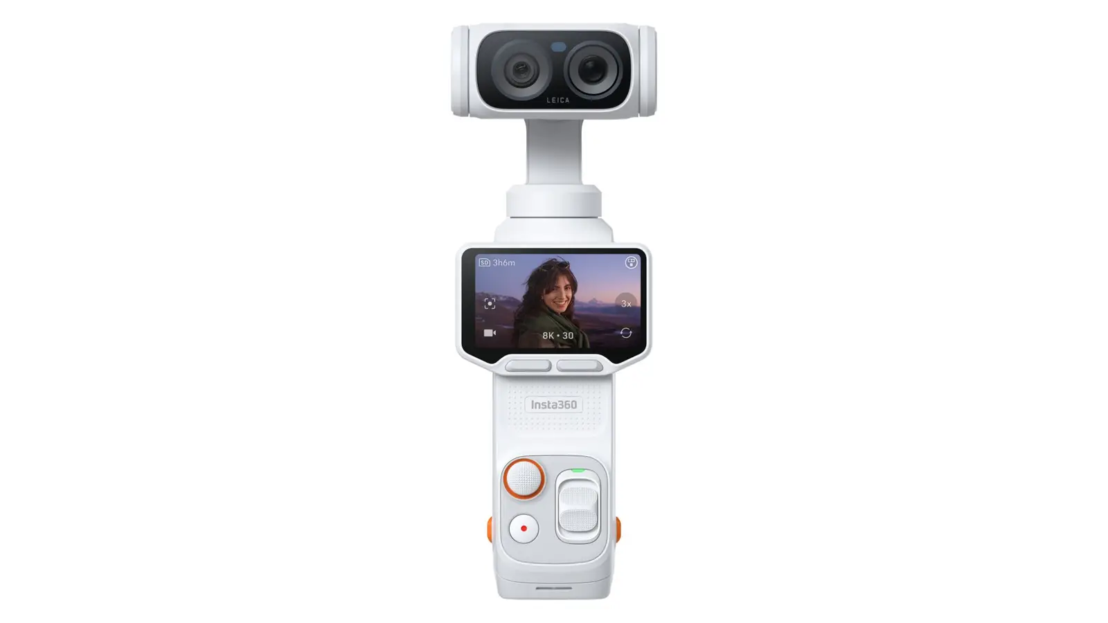 Front view of the white Insta360 Luna Ultra with two lenses on its camera head and a screen below showing a portrait.
