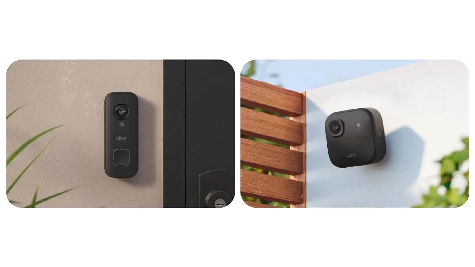 Blink wired doorbell mounted beside a dark door, and a Blink Outdoor 2K+ camera on a white wall by a wooden fence.
