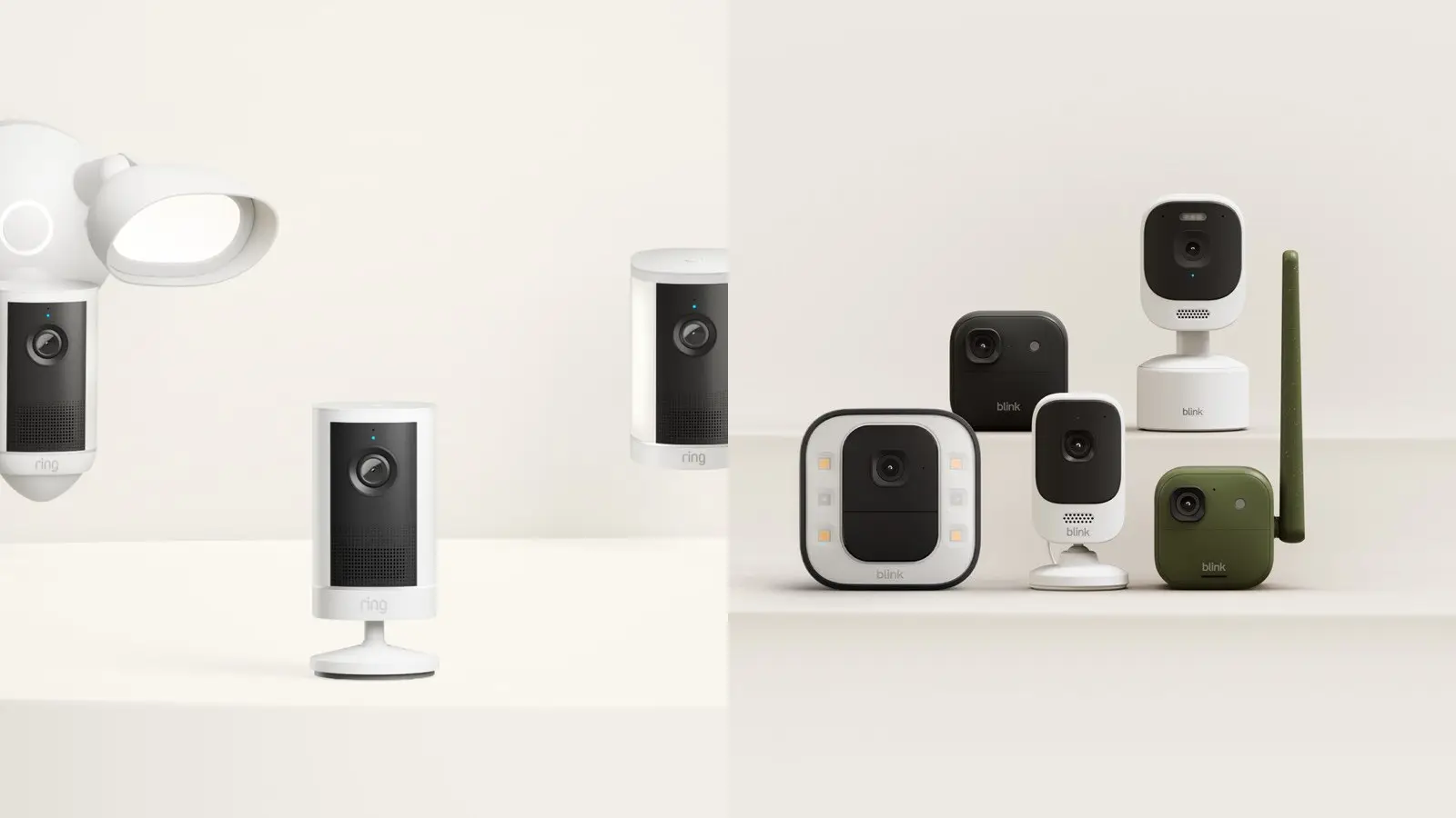 Ring cameras in white on a cream background on the left and five Blink cameras in white, black and olive green on a cream stepped background on the right.