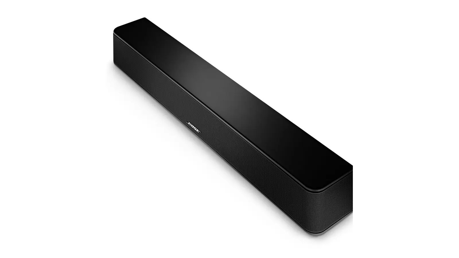 A black Bose Solo Soundbar 2 seen at an angle from the front right, with the small BOSE logo on its mesh grille, against a white background.
