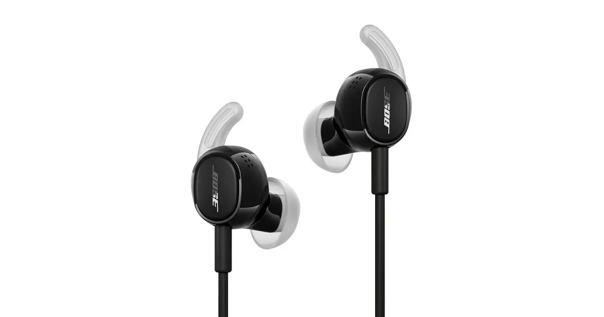 Pair of black Bose Noise Cancelling Wired Earbuds with clear ear tips and stability bands, on a white background.