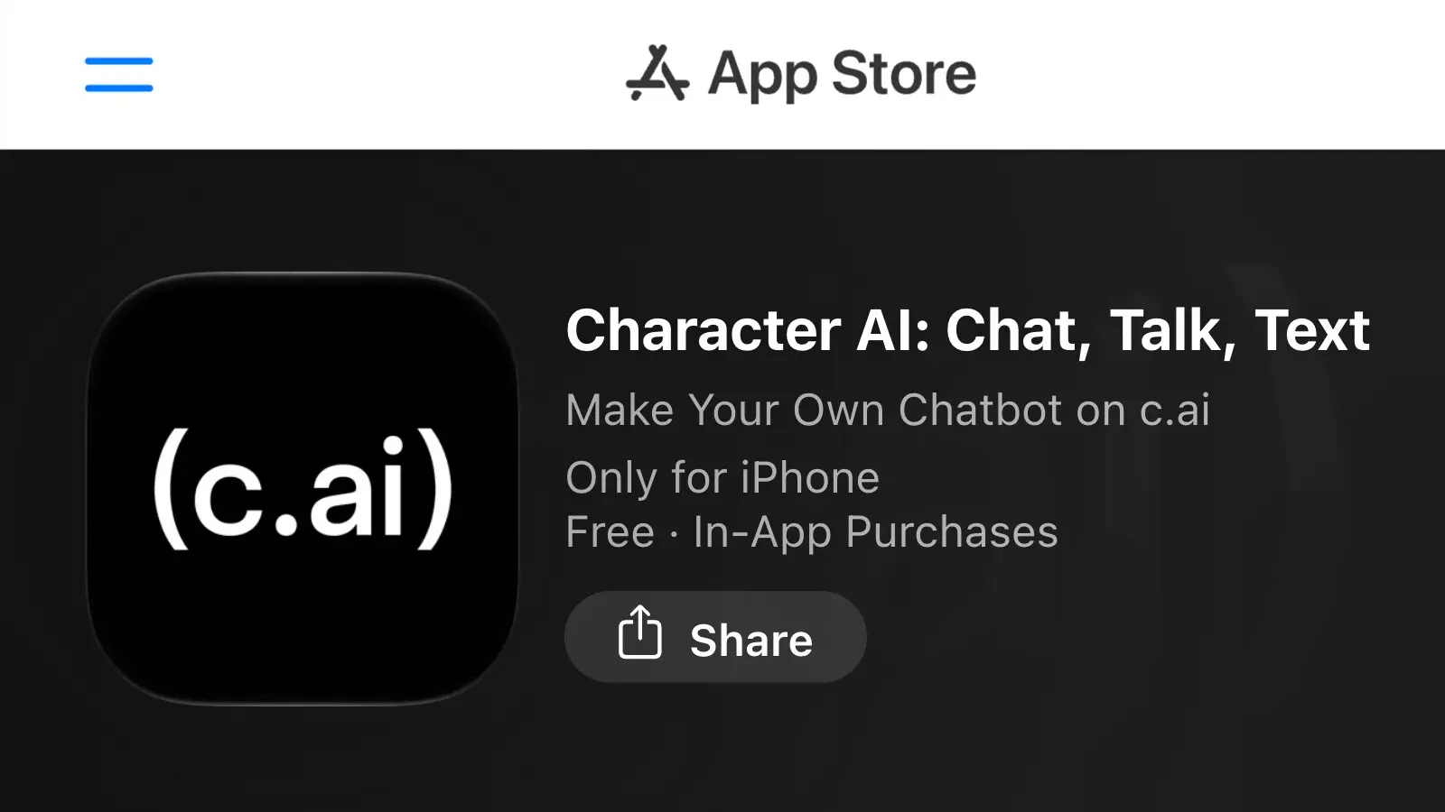 The Character.AI listing on Apple's App Store: the black (c.ai) app icon beside the title Character AI: Chat, Talk, Text, the line Make Your Own Chatbot on c.ai and a Share button.