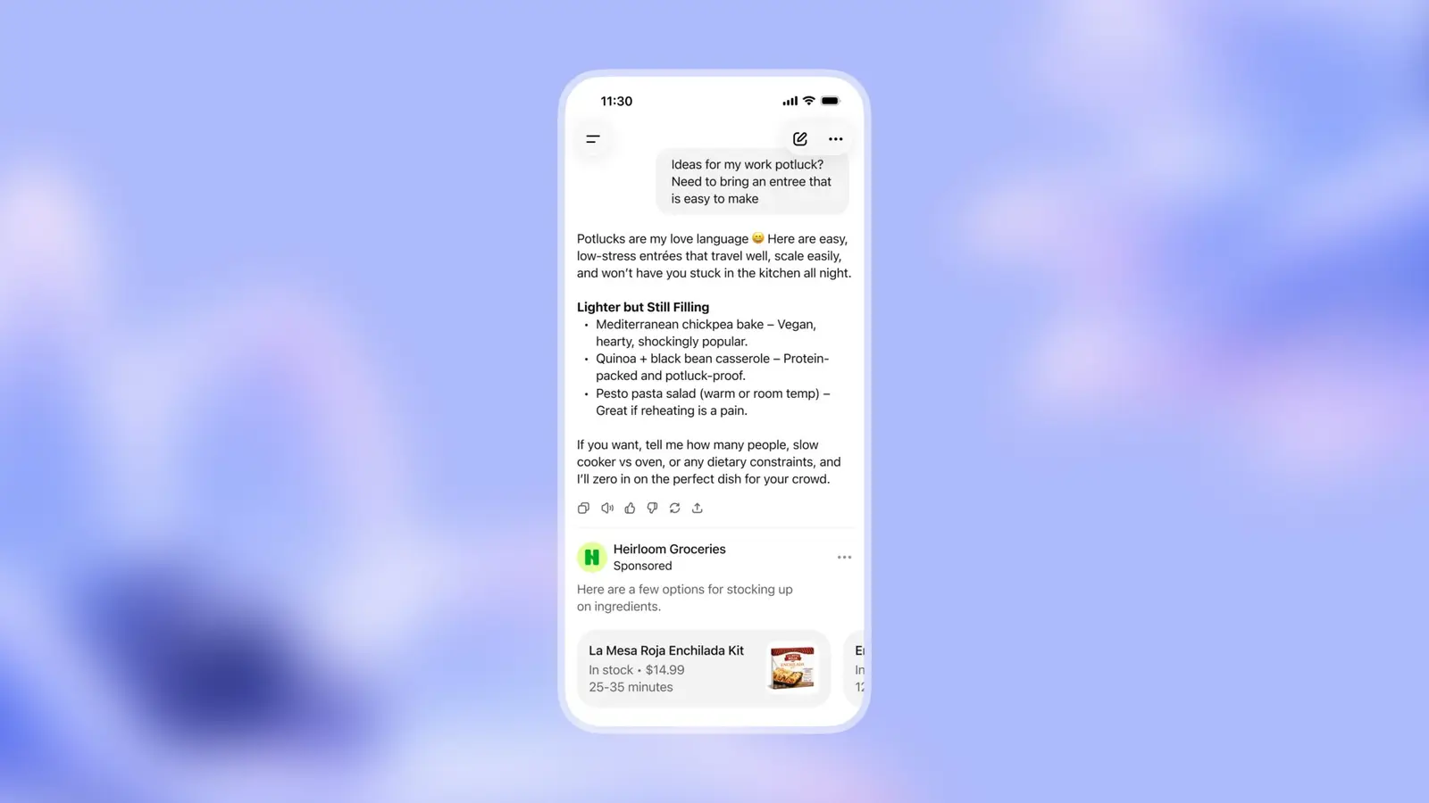 A phone screen showing a ChatGPT answer about potluck dishes, with a labeled Sponsored product card from a grocery brand below it.