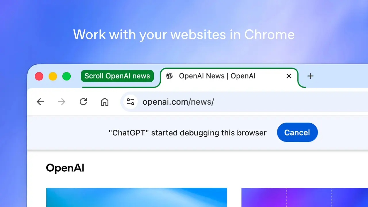Chrome browser window with the ChatGPT extension's debugging banner above an OpenAI News page, under the headline Work with your websites in Chrome.