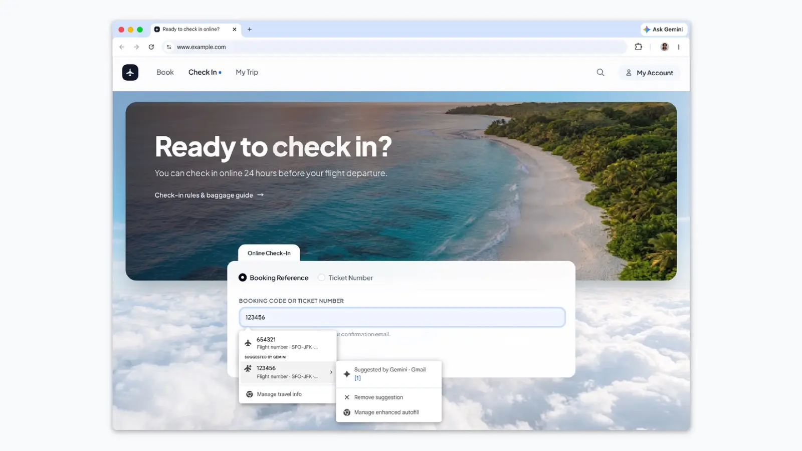 Chrome autofill on a flight check-in page suggesting a booking code from Gmail, labelled Suggested by Gemini.