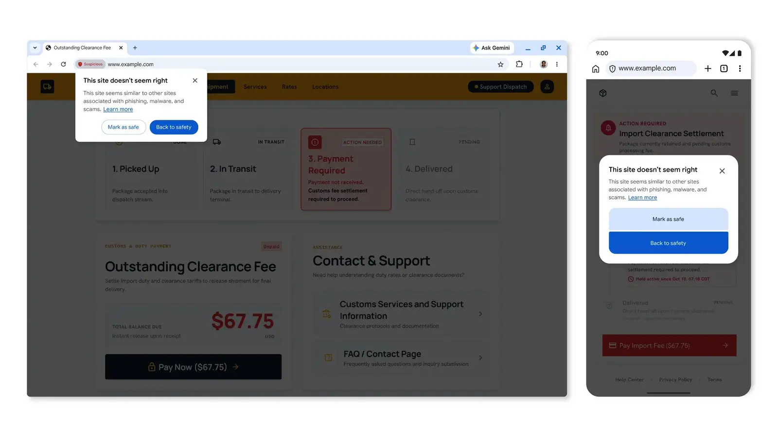 Google mockup of a desktop Chrome window and an Android phone, each showing a dimmed fake parcel-fee page with a 'This site doesn't seem right' pop-up and 'Mark as safe' and 'Back to safety' buttons.