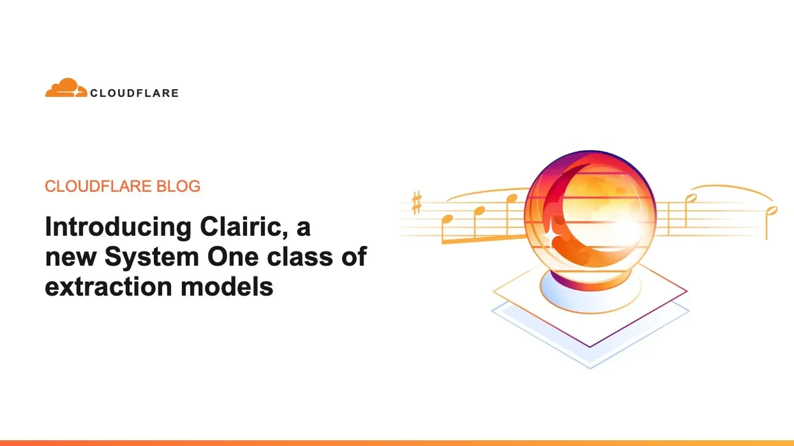 Cloudflare logo beside a crystal ball and a music staff on a white background, with the Clairic announcement title.