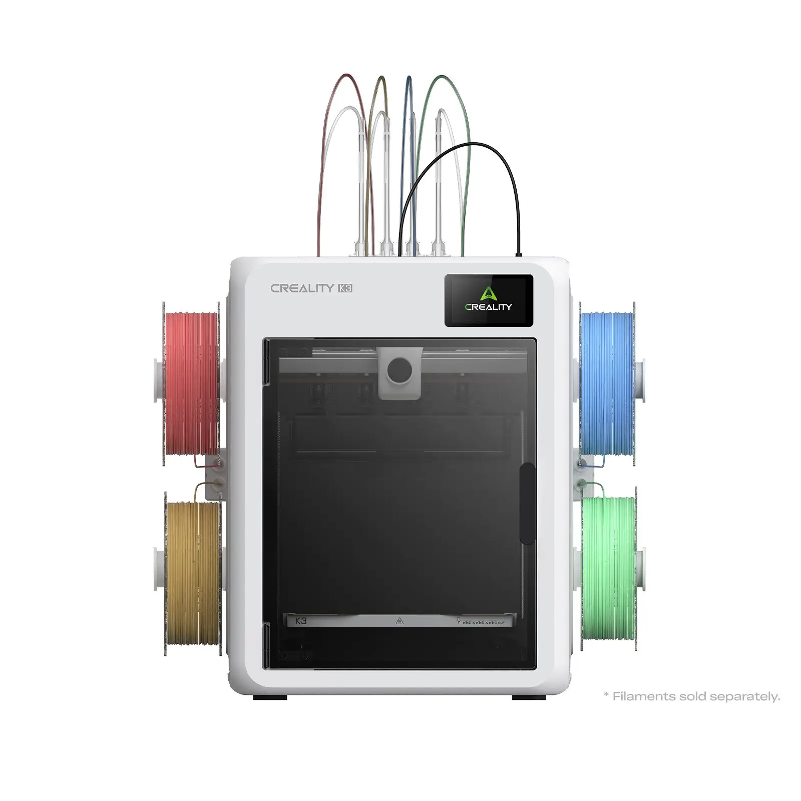 Creality K3 multicolor 3D printer with four spools of filament, shown from the front on a white background.