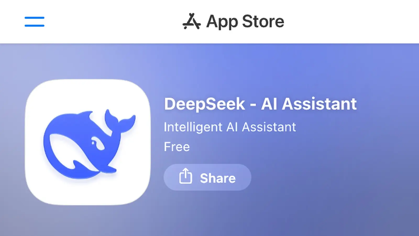 The DeepSeek listing on Apple's App Store: the white DeepSeek whale icon beside the title DeepSeek - AI Assistant, the line Intelligent AI Assistant, a Free button and a Share button.