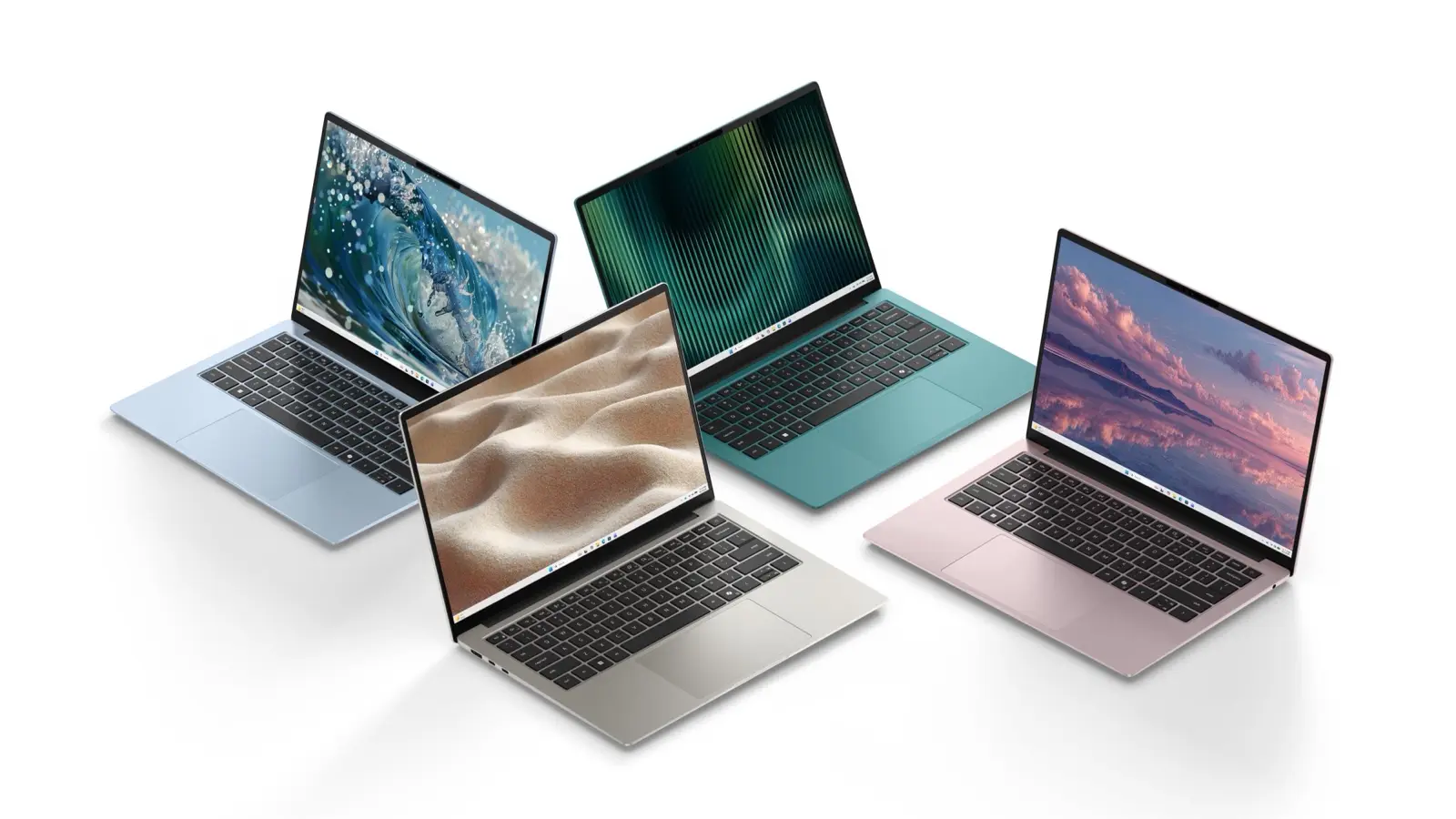 Four open Dell 14S laptops in blue, linen, green and pink, each showing a different wallpaper, on a white background.