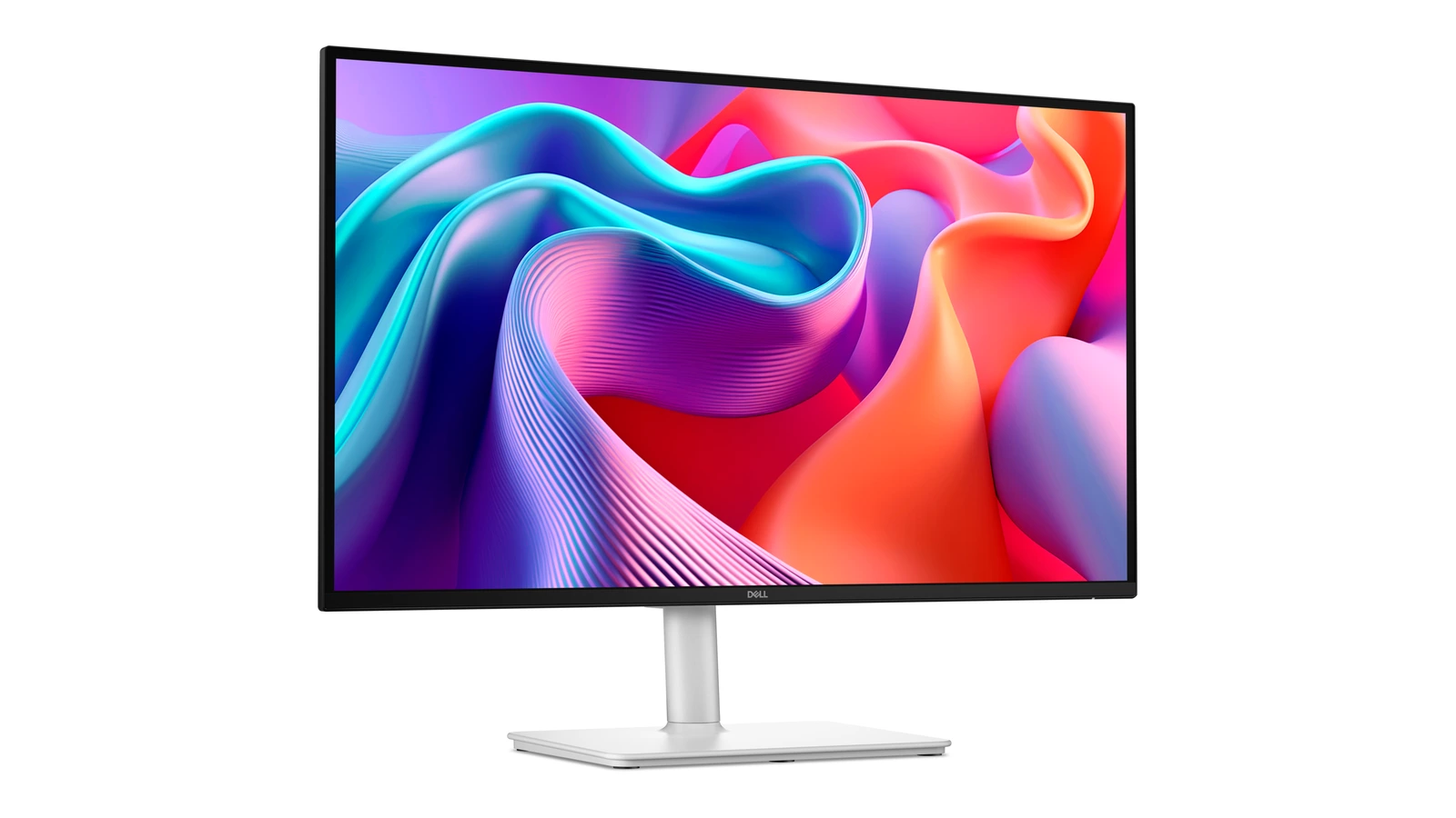 Dell 27 Plus S2725DSM monitor seen at an angle on a white stand, showing a colourful abstract wallpaper.