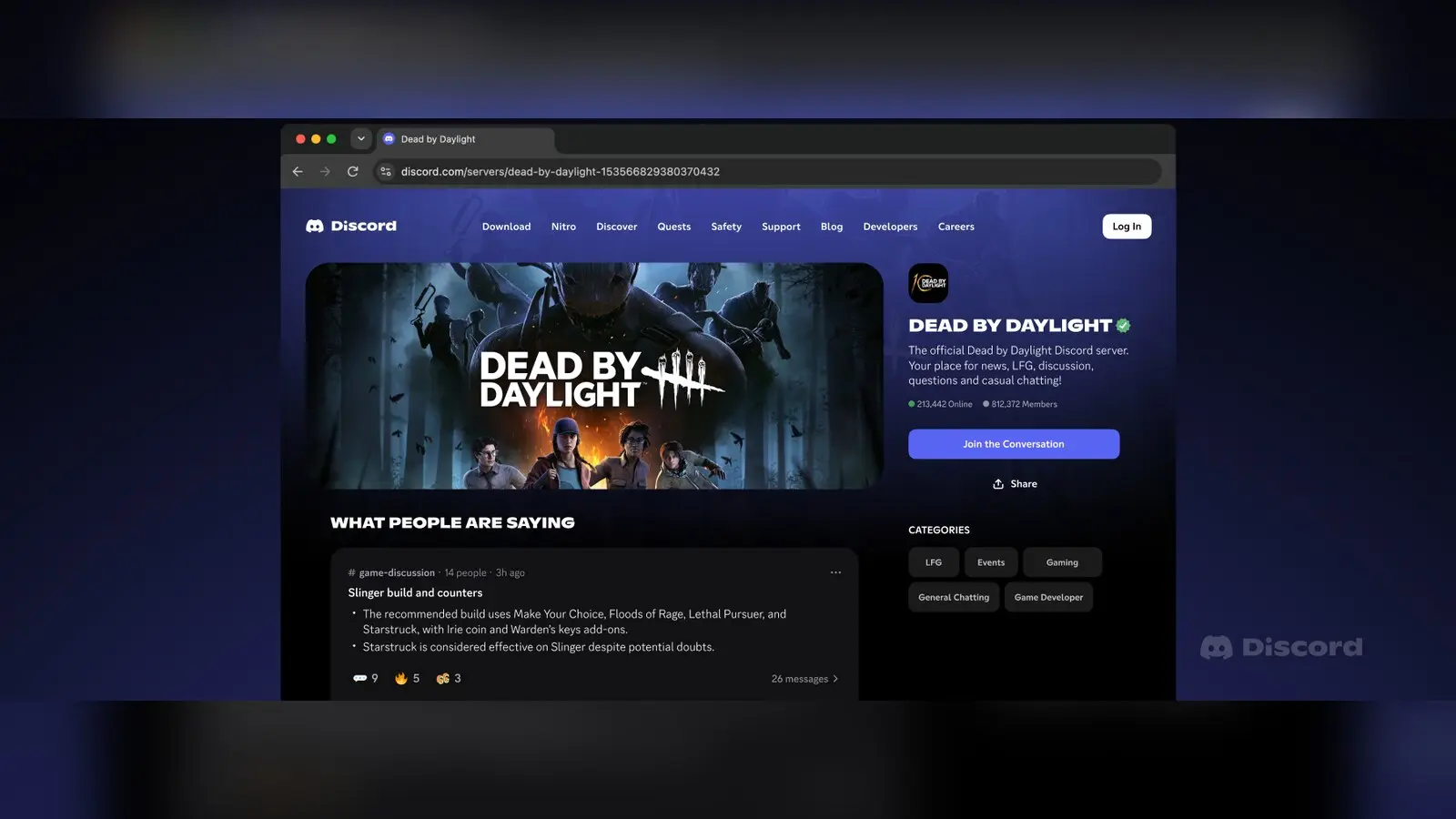 A mock-up of a Discord Server Web Page for the Dead by Daylight server in a browser window, with a What People Are Saying section.