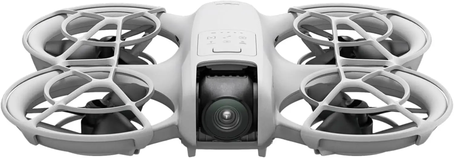 The DJI Neo mini drone seen from the front, with its four propeller guards and forward camera.