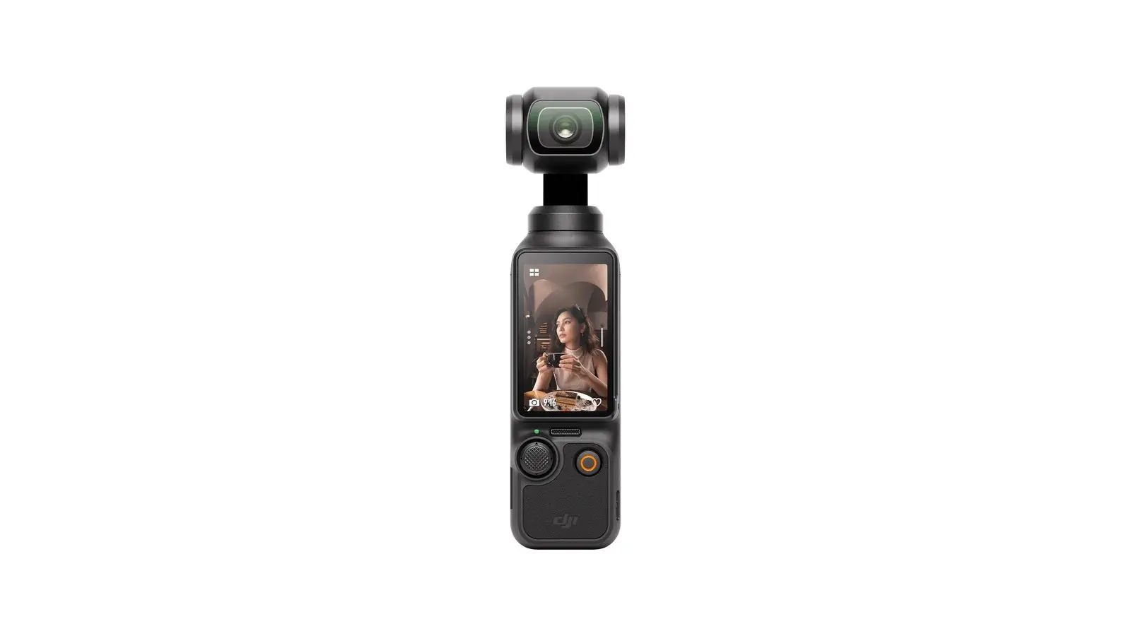 A black DJI Osmo Pocket 3 seen from the front, with its gimbal camera on top and its touchscreen showing a woman seated in a cafe.
