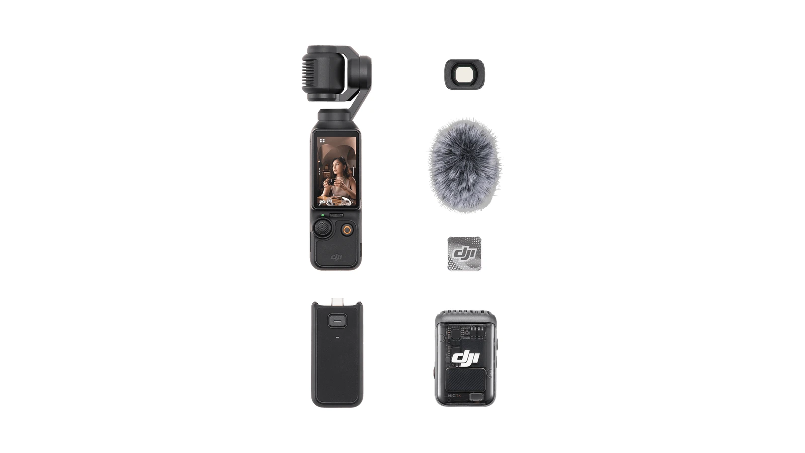 DJI Osmo Pocket 3 camera with its gimbal and screen, laid out beside its wide-angle lens, furry windscreen, magnetic mic clip, battery handle and Mic 2 transmitter.