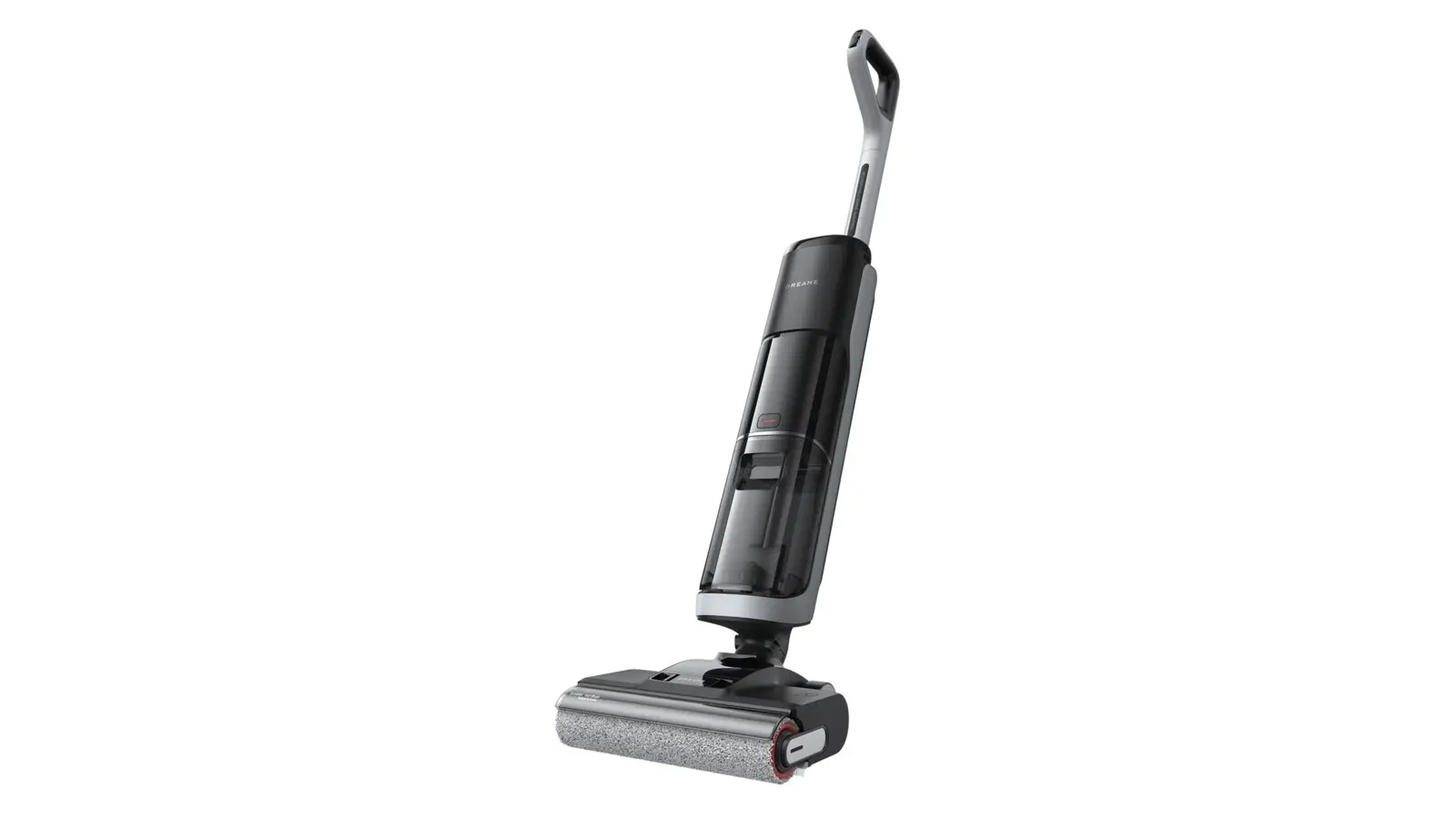 The Dreame H14 upright wet and dry vacuum, black and grey, with a clear dirty-water tank and a grey roller on its floor head.