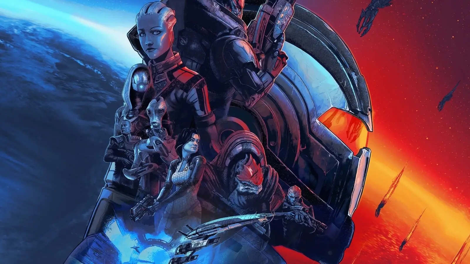 Illustrated Mass Effect key art: a group of armored squad members and aliens clustered in front of a large helmet, with a blue planet on the left and a red sky on the right.