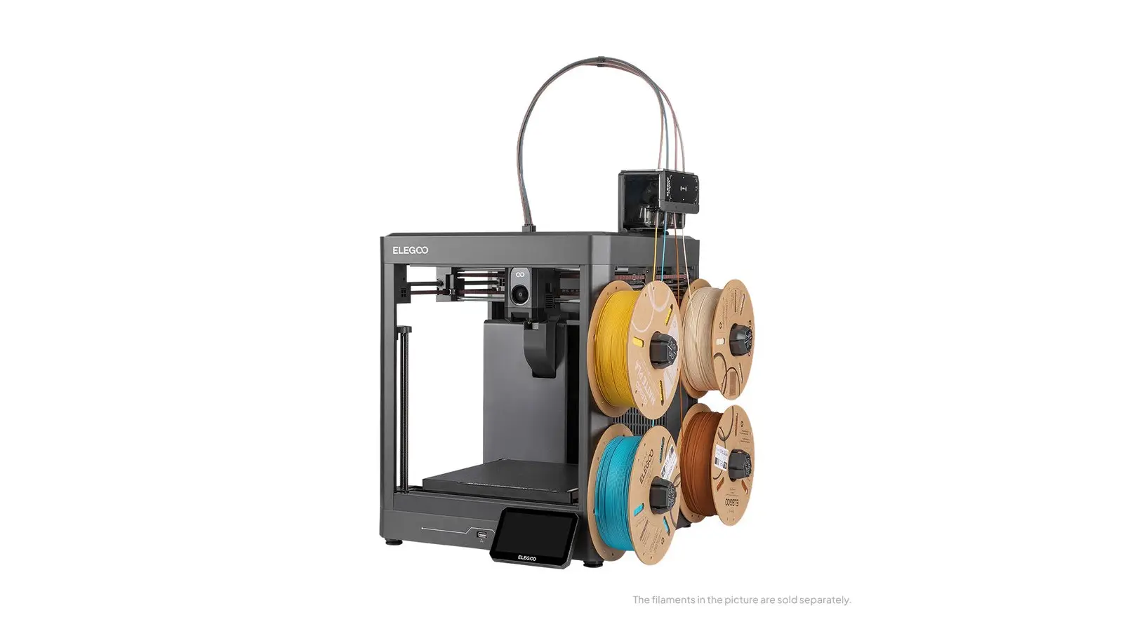 The Elegoo Centauri 2 Combo 3D printer in a product photo, with its multicolor filament unit on top and four spools of filament on the side.