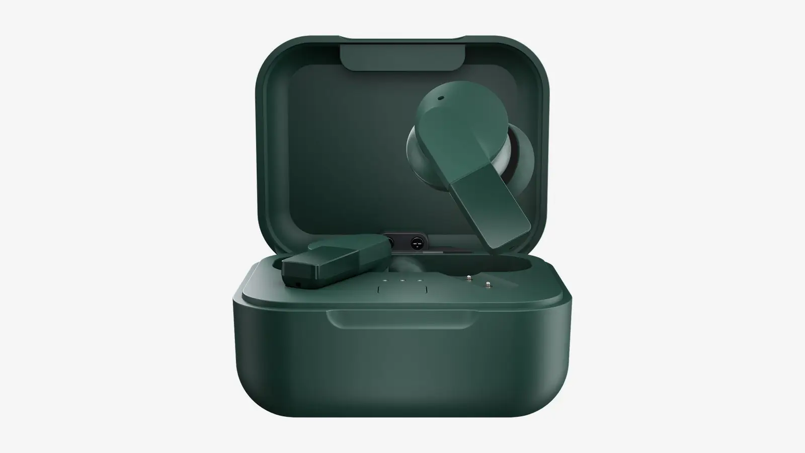 A green Fairphone Fairbuds 2 open charging case with one earbud resting in it and the other lifted out.