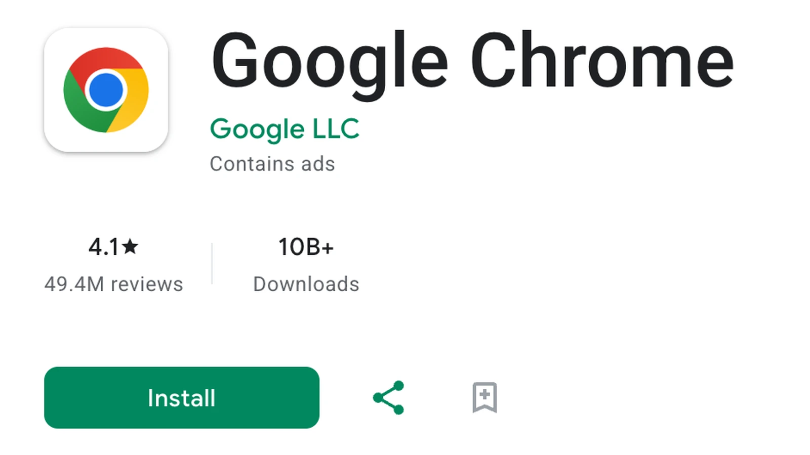 Header of the real Google Chrome listing on Google Play: Chrome icon, title, developer Google LLC, 4.1 stars from 49.4M reviews, 10B+ downloads as of 3:17 p.m. ET Oct. 14, and a green Install button.