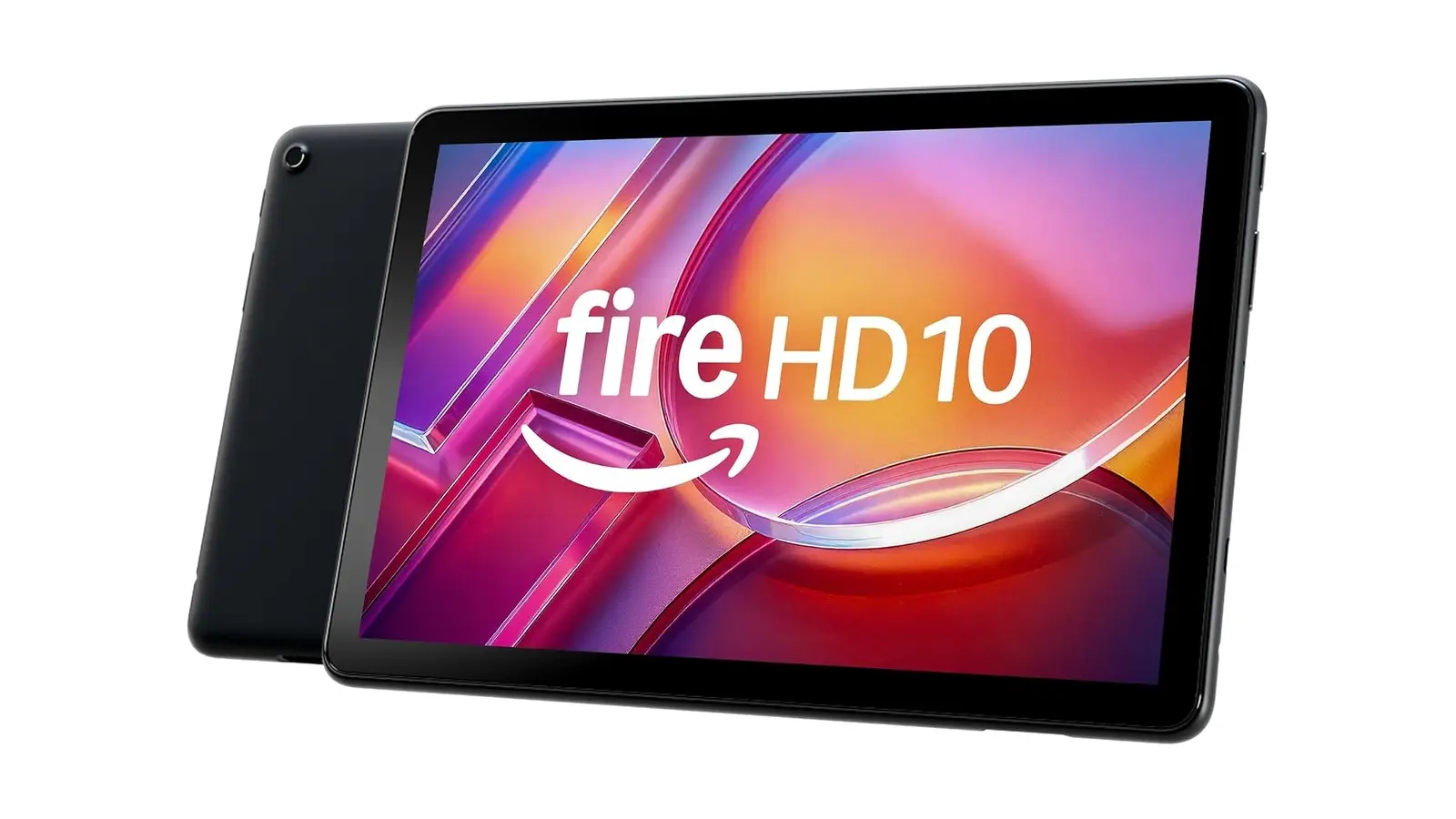 A black Amazon Fire HD 10 tablet shown front and back at an angle, its screen filled with pink, orange and purple swirls and the words fire HD 10.