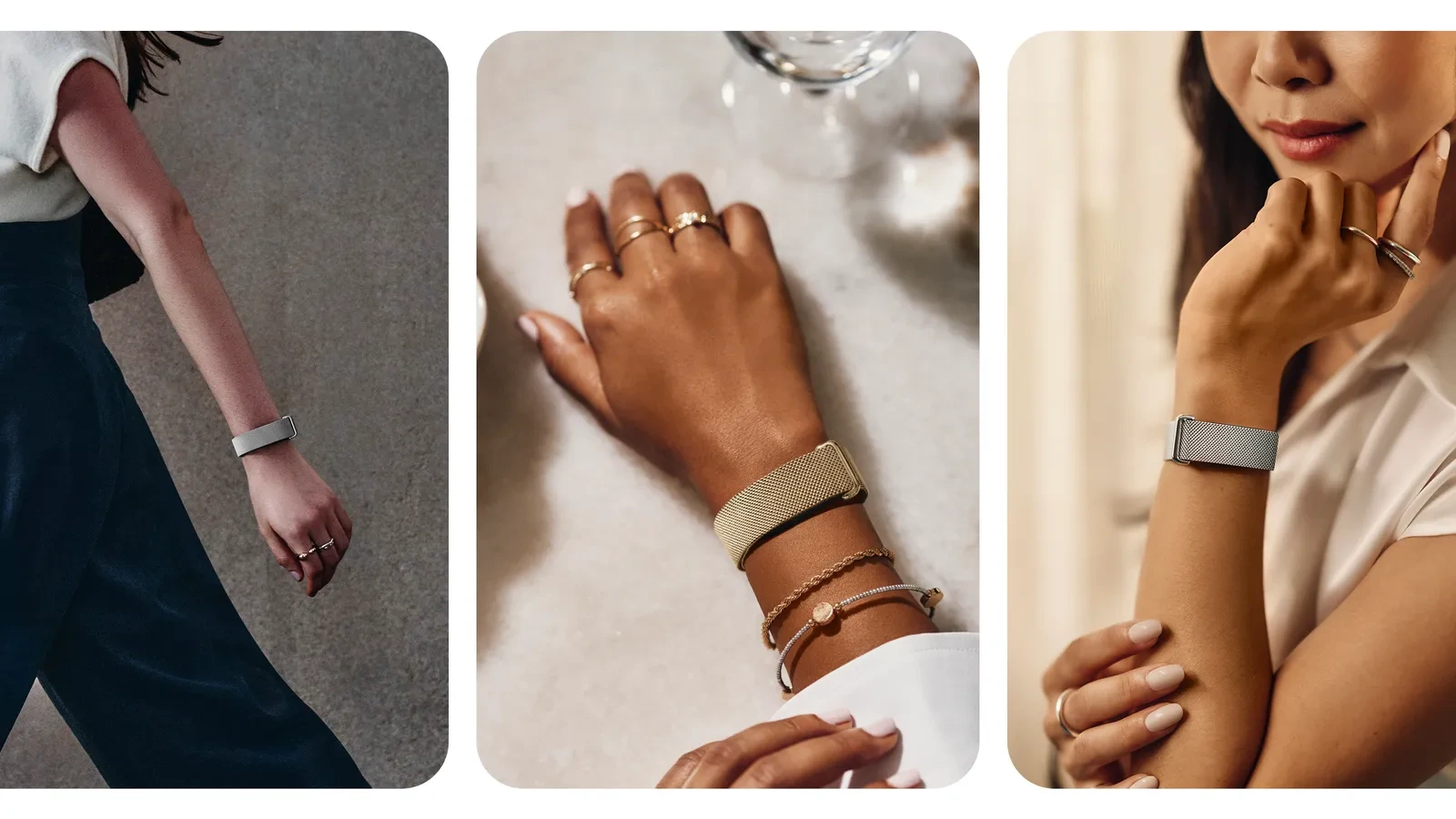 Three Google photos of women wearing the Fitbit Air with a silver or champagne gold stainless steel Metal Mesh band next to rings and bracelets.