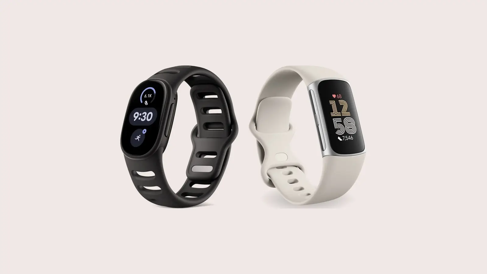 Fitbit Edge in black with a perforated sport band, left, beside Fitbit Charge 6 in porcelain with a silver case, right, on a plain warm grey background. Both screens are lit.