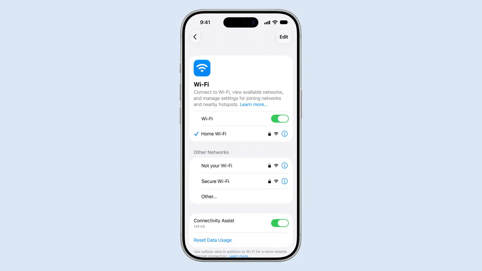 An iPhone Wi-Fi settings screen showing Wi-Fi switched on, a connected network with a blue checkmark, other networks and a Connectivity Assist switch, on a pale blue background.