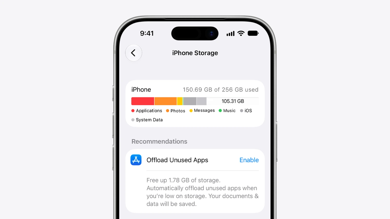 The iPhone Storage screen in Settings, with a colored bar of used space by category (Applications, Photos, Messages, Music, iOS, System Data) and an Offload Unused Apps recommendation with an Enable button.