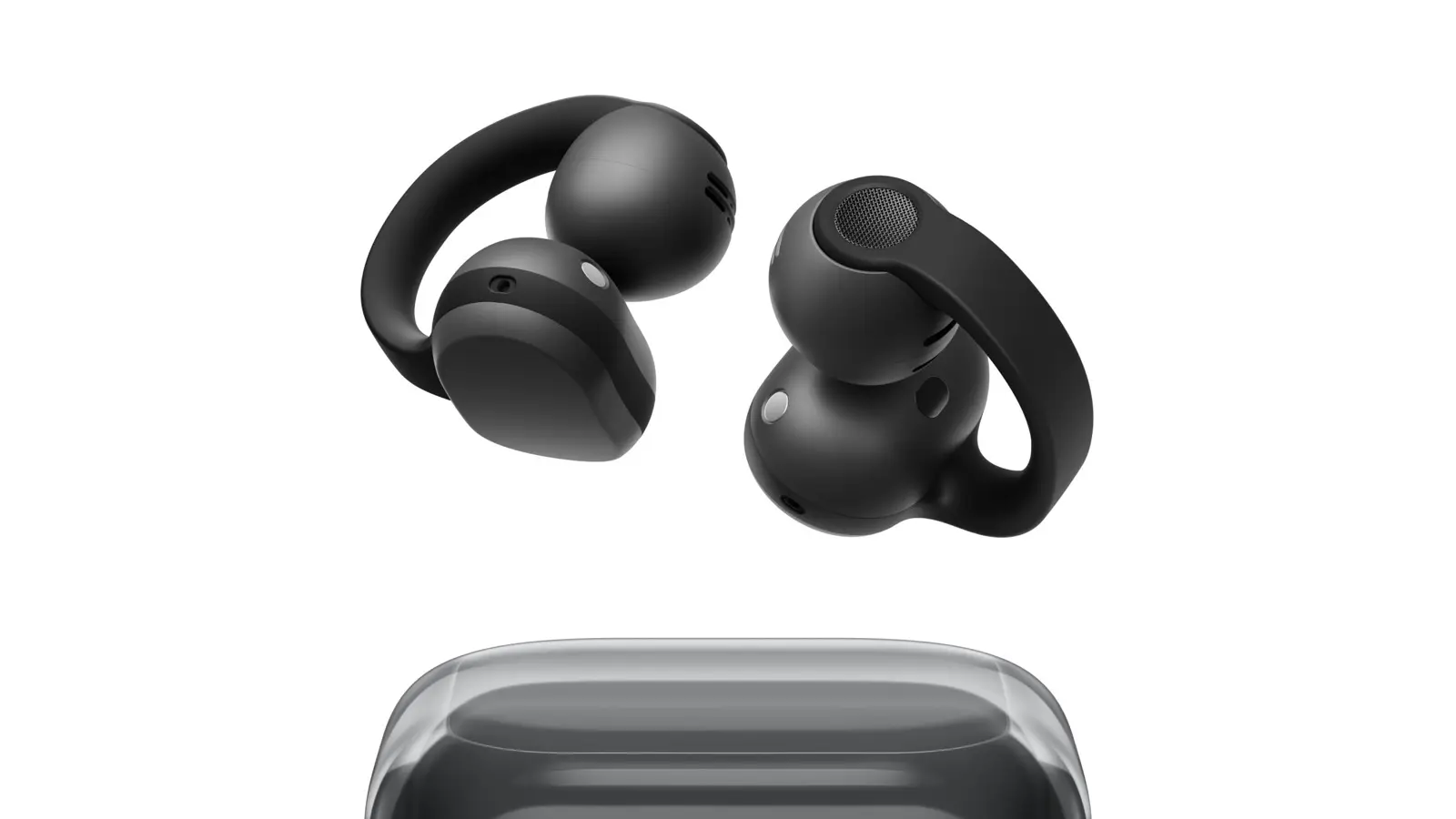 Close view of a pair of black clip-on Samsung Galaxy Buds On earbuds floating above the top of their charging case.