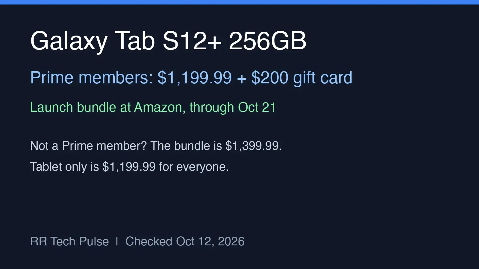 Original RR Tech Pulse graphic: Galaxy Tab S12+ 256GB, $1,199.99 plus a $200 Amazon gift card for Prime members through Oct 21; $1,399.99 without Prime.