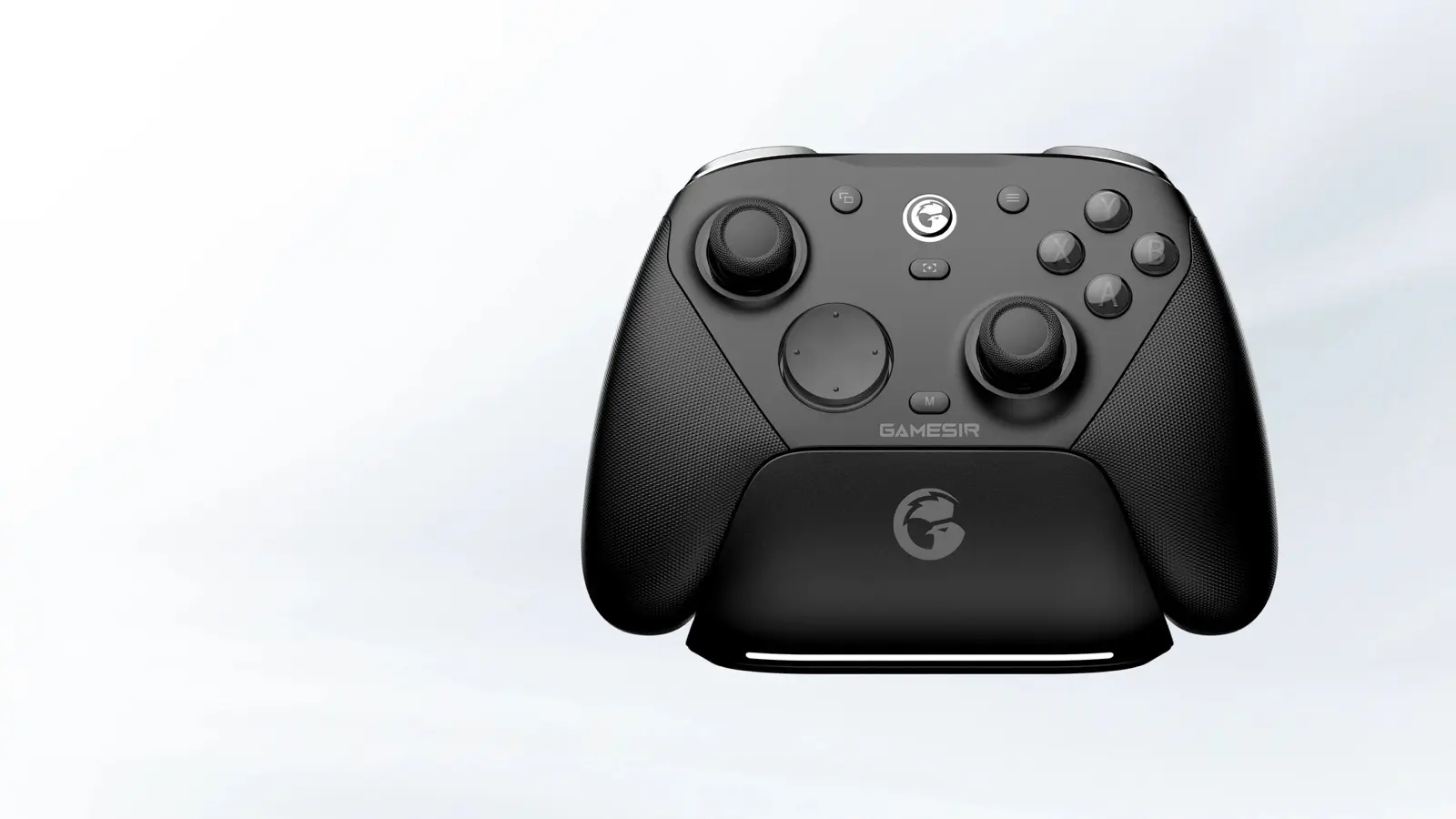Black GameSir G7 Pro 8K PC controller seated in its charging dock against a pale grey background.