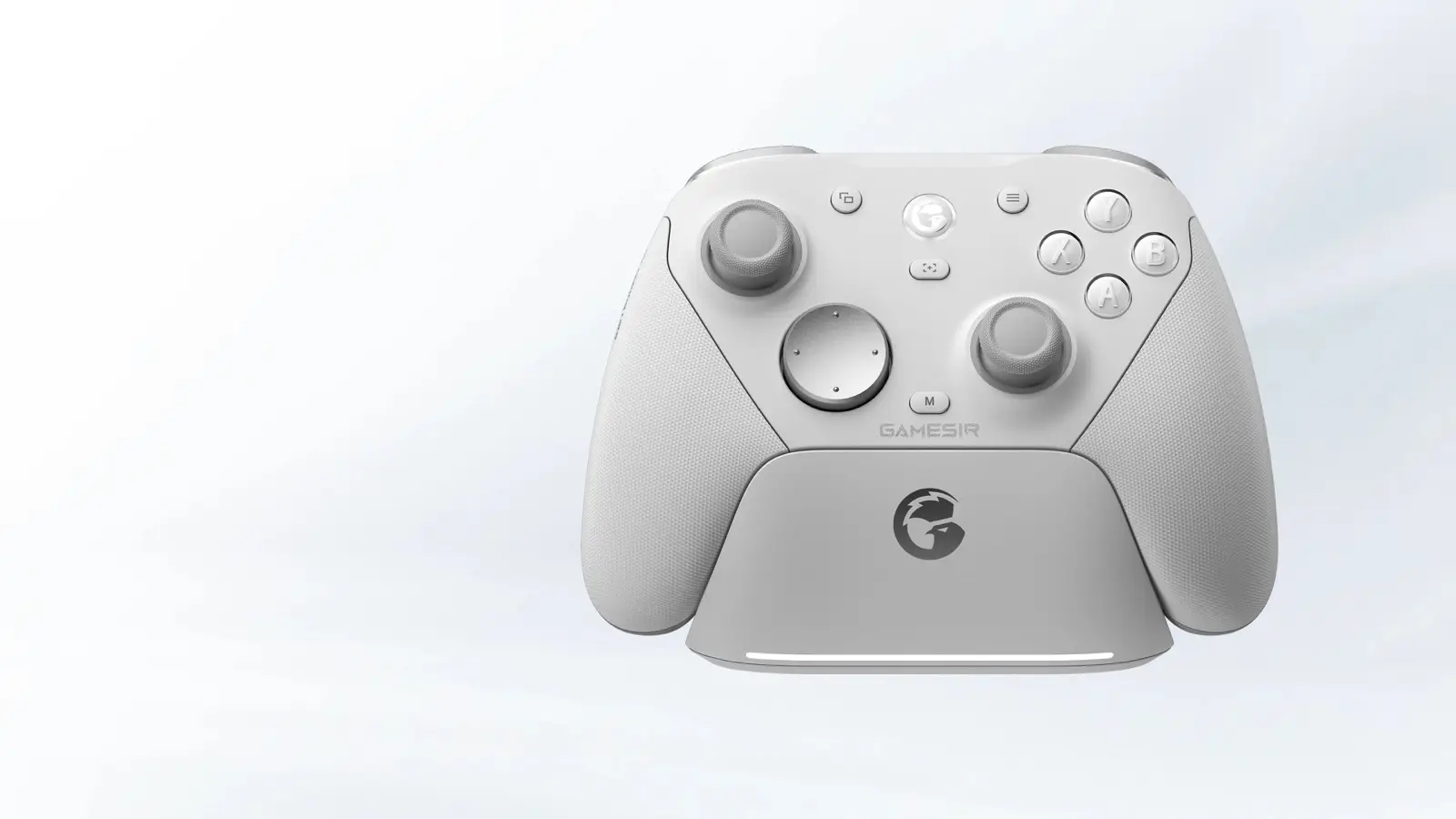 White GameSir G7 Pro 8K PC controller seated in its charging dock against a pale grey background.