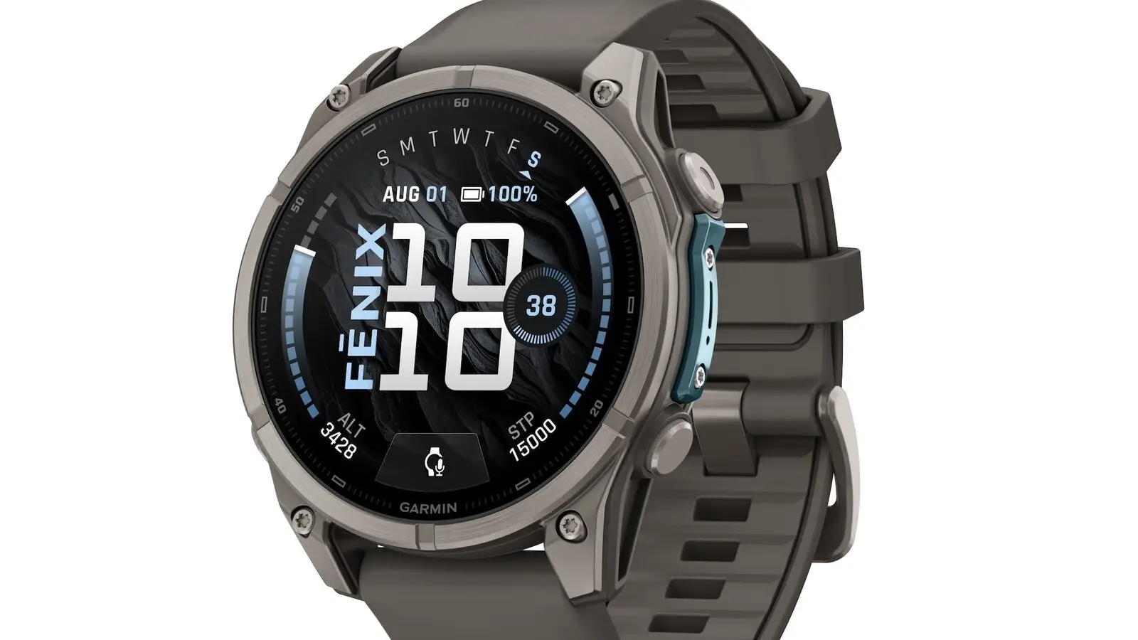 Garmin fēnix 9 smartwatch in titanium with a grey strap, shown against a white background.