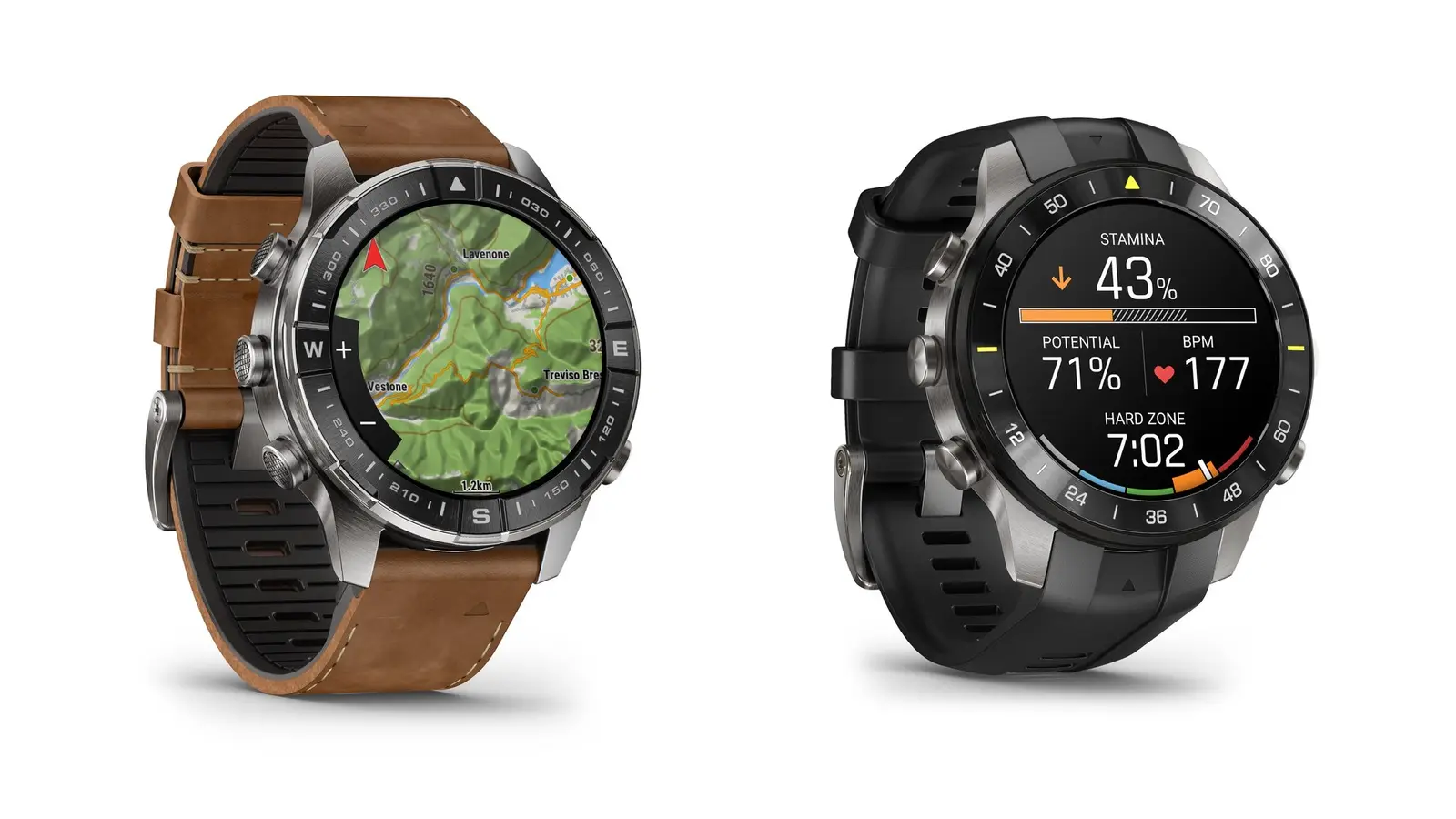 Two MARQ Gen 3 watches side by side: the Adventurer with a brown leather strap showing a topographic map, and the Athlete with a black silicone strap showing stamina and heart-rate data.