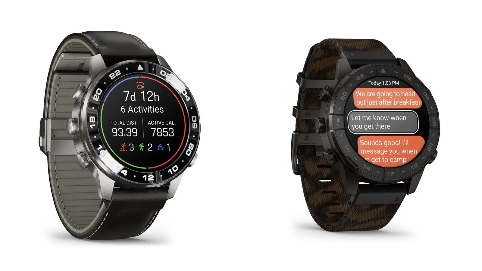 Two MARQ Gen 3 watches side by side: the Aviator with a black leather strap and a time-zone dial, and the Commander with a camo woven strap showing a message thread.