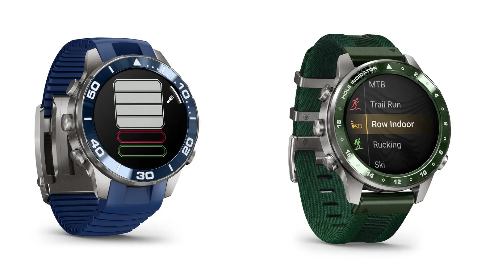 Two MARQ Gen 3 watches side by side: the Diver with a blue rubber strap and blue bezel, and the Golfer with a green woven strap and green bezel showing an activity list.