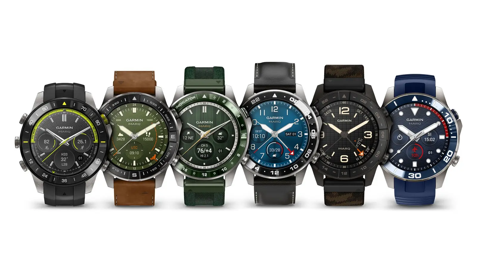 The six third-generation Garmin MARQ watches in a row: Athlete, Adventurer, Golfer, Aviator, Commander and Diver, each with a different bezel and strap.