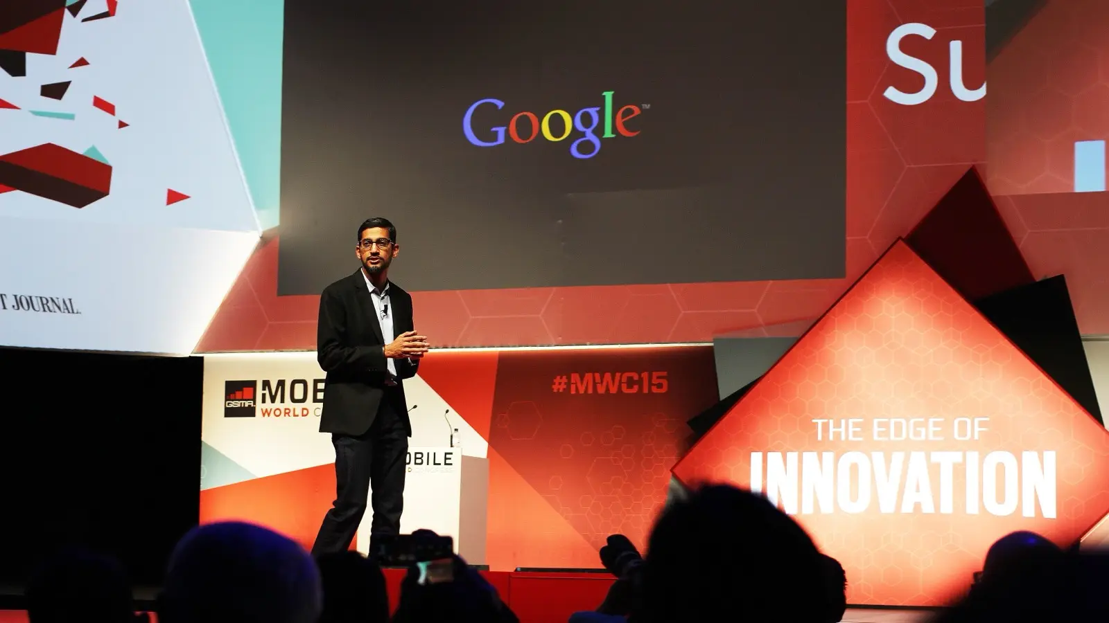 Sundar Pichai on stage in front of a Google logo at Mobile World Congress 2015 (file photo).