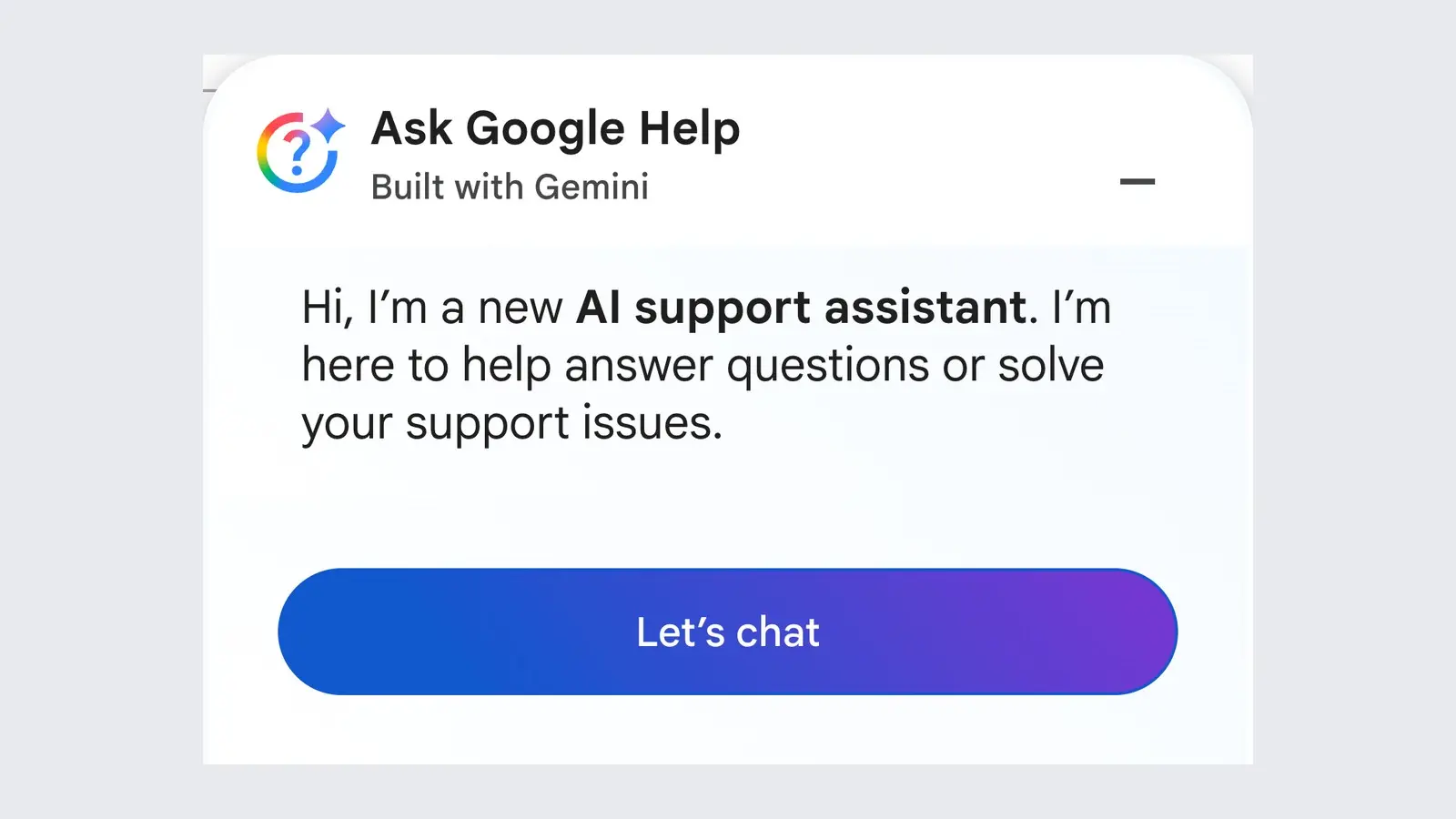 The Ask Google Help panel from the Google Play Help page, labelled Built with Gemini, greeting the visitor as a new AI support assistant, with a Let's chat button.