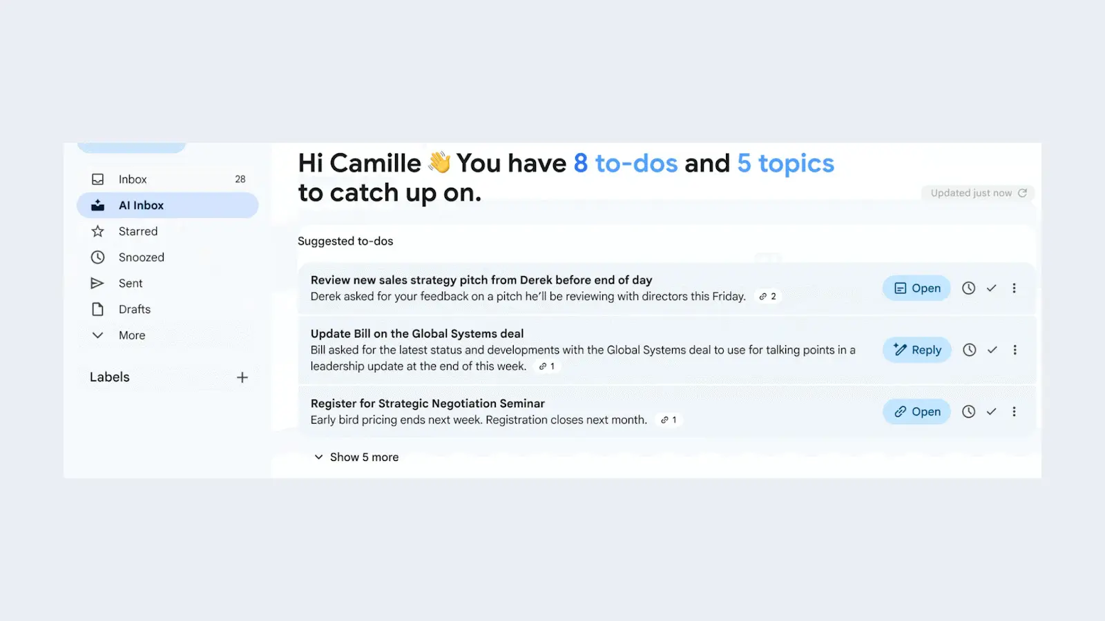 Gmail's AI Inbox view with AI Inbox selected in the left sidebar, a greeting reading 8 to-dos and 5 topics, and a Suggested to-dos list of three items.