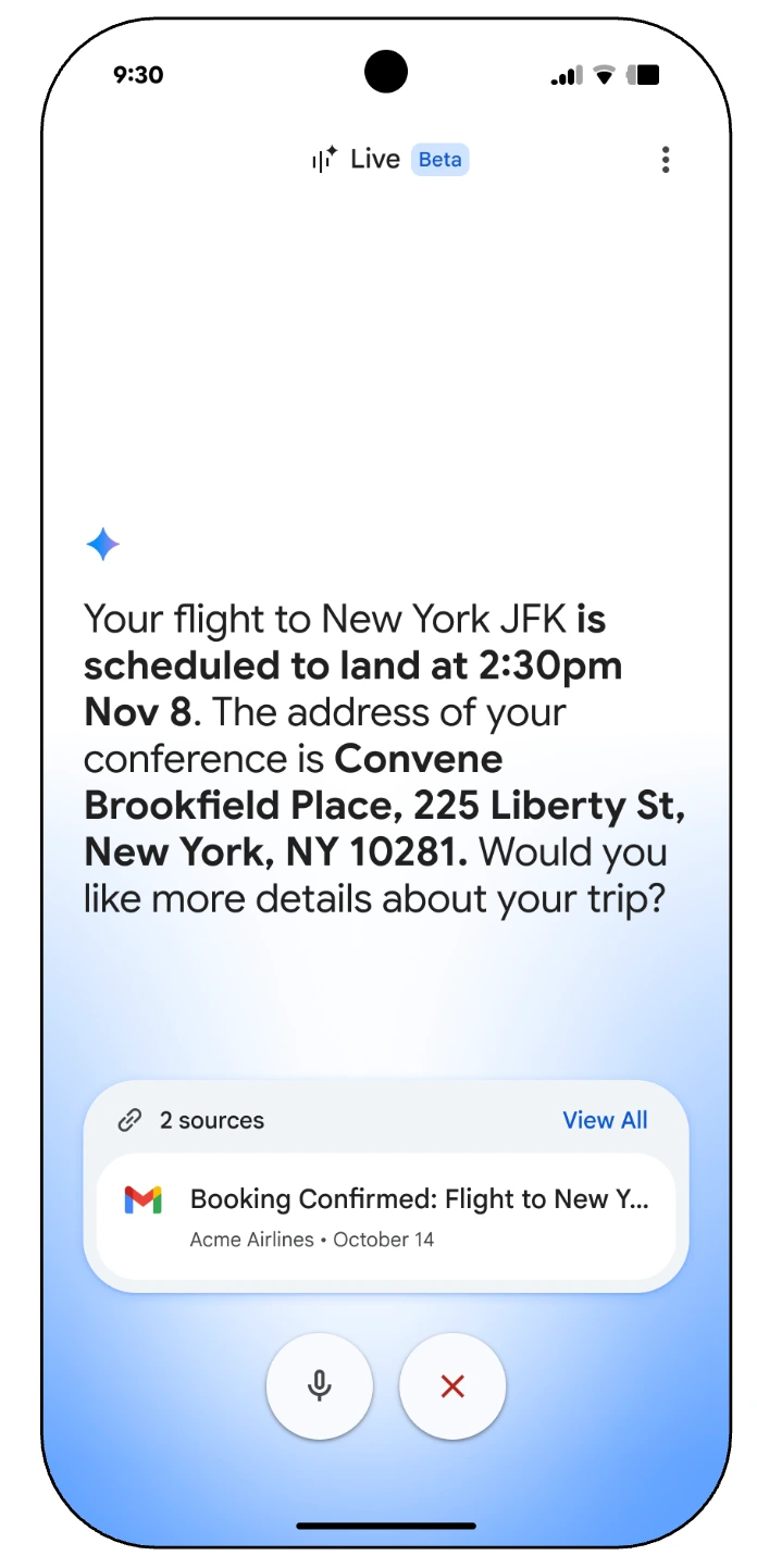 A phone showing Gmail Live answering a flight question, with a Booking Confirmed email in a sources card above the mic and close buttons.