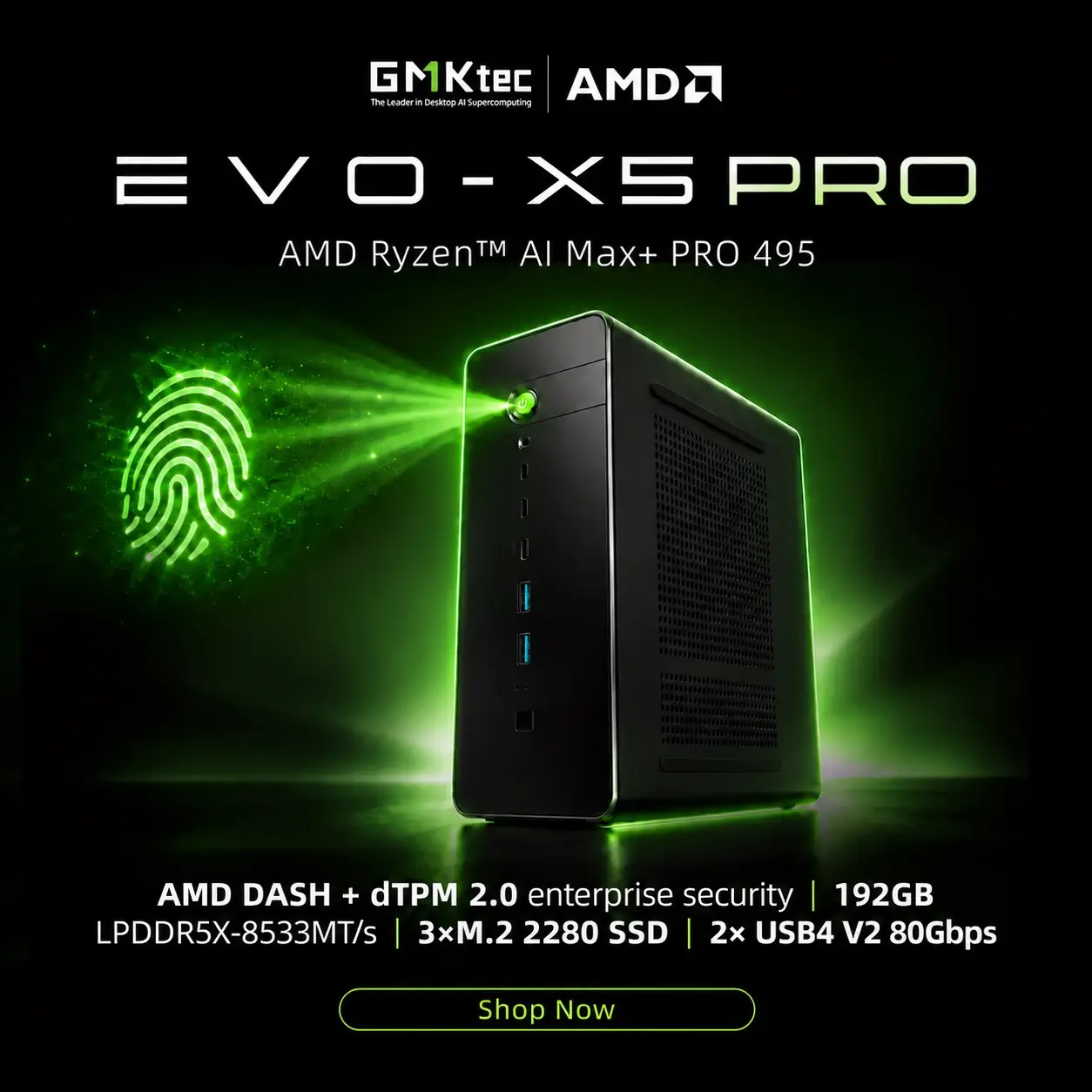 GMKtec promotional image of the EVO-X5 Pro: a black tower mini PC with green lighting, AMD and GMKtec logos and a fingerprint graphic.